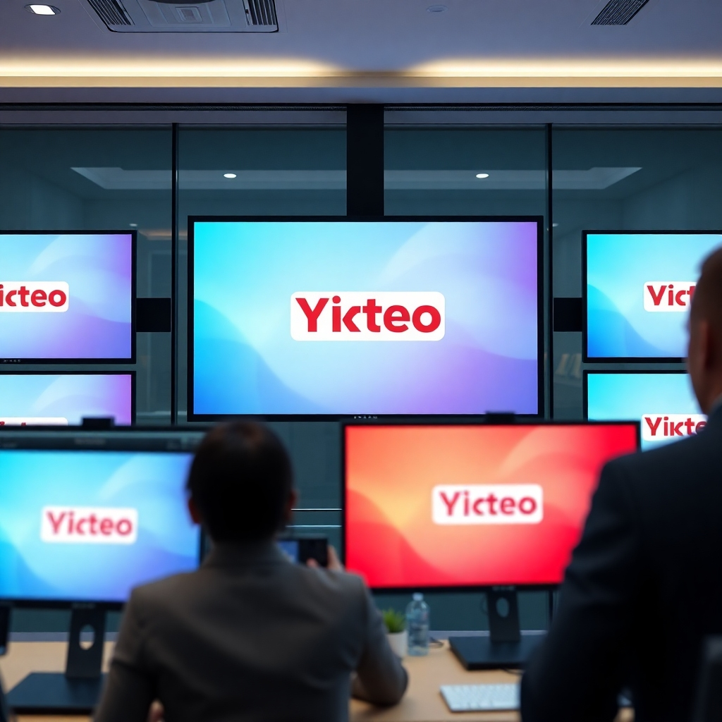 A photorealistic image of a modern corporate video being played on various screens with the brand logo prominently displayed.  A clean and bright lighting style should be emphasized. The color palette should be professional, using the corporate colors. The camera angle should be straightforward, focusing on the screens.  The texture details should be crisp and clear. The environment should be modern and professional. Relevant props would include high-end devices playing the video and the corporate logo. The style should be professional and polished, conveying professionalism and prestige. Technical specs should be 4K resolution.