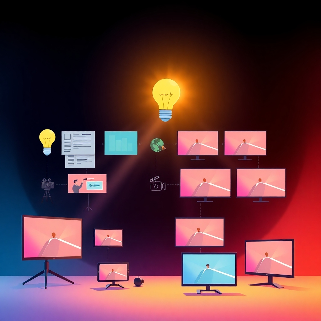 A stylized image depicting the flow and transformation of an idea into a finished video production. The image could start with a simple lightbulb representing the initial idea, transitioning into a storyboard, then into scenes of filming, editing, and finally, the finished video product being played on various screens.  A cinematic lighting style would be ideal, perhaps with a dark background and bright beams of light highlighting each stage. The color palette should be vibrant but controlled, shifting subtly between cooler tones for the initial stages and warmer tones for the final product. The camera angle should be dynamic, following the flow of the creative process.  Texture details should be minimalistic, focusing on sharp lines and clean transitions. The environment can be abstract, symbolizing creativity and innovation, while the props would consist of digital elements like illustrations of different video production stages and the final video output in different formats. Consider stylistic references from infographics, graphic design, and minimalist illustrations to represent the creative process clearly and attractively. The technical specifications should be 4K resolution for high-quality detail.
