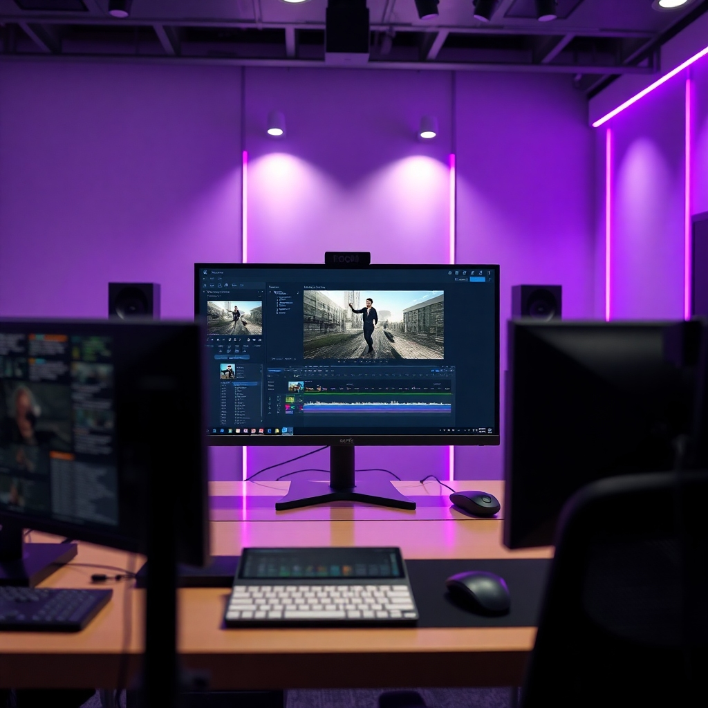 An image depicting the final stages of video production: color correction, sound mixing, and final rendering.  The image could include a screen showing the video editing software with visual effects being applied.  A clean, professional lighting style, representing a high-tech studio, should be used. The color palette should be sleek, using a refined and balanced color grading. The camera angle should be focused on the screen displaying the video editing process. The texture details should be focused on the high-resolution video image and the interface of the editing software. The environment should be a modern, high-tech video editing suite. Relevant props would include computer monitors displaying the video, software interfaces, and other digital tools. The style should be hyperrealistic, showcasing the final, high-quality product.  Technical specs should be 4K resolution.